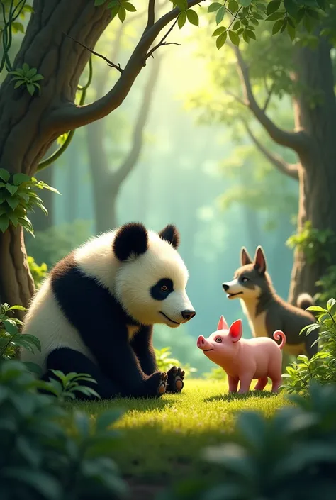 Panda pig and wolf in jungle