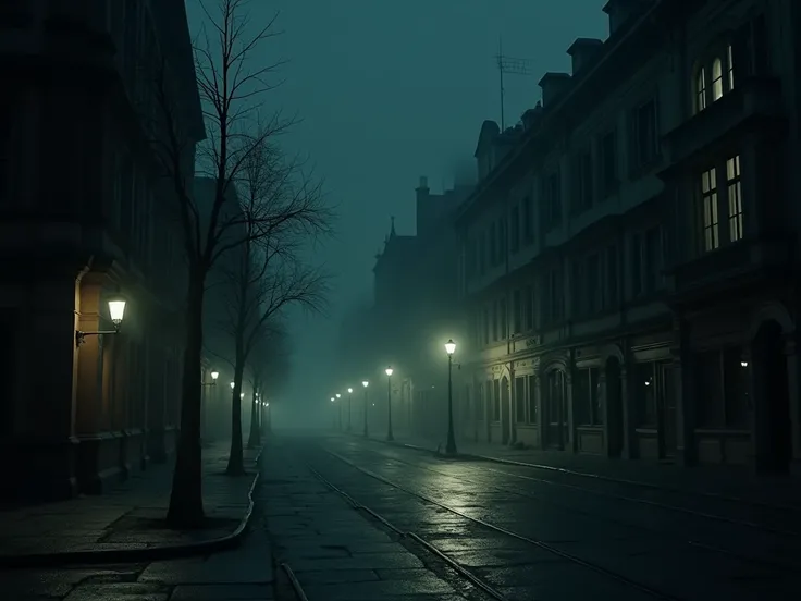 City Streets The Empty Night,  last century around 1900 , Tense atmosphere,  dark and melancholic in high definition , 4K