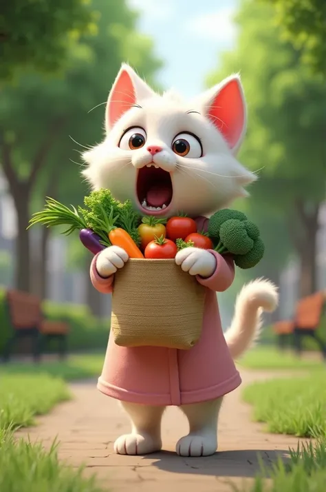 Design a realistic animation of a white female cat with large, expressive eyes, standing on her hind legs like a human. She is wearing a light pink duster dress. She holds a woven shopping bag overflowing with colorful vegetables. Her expression is one of ...