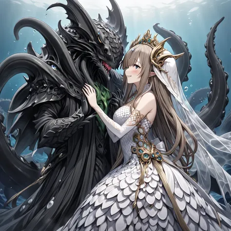 (( top quality)), ((masterpiece)), ( Details), （ perfect face）、The woman of the princess of Dagon is Yuki Asuna, a family member of Dagon who wears a deep-sea evil gods fish scale dress and tentacle veil, and has hand fins 、 Yuki Asuna, the bride of the be...