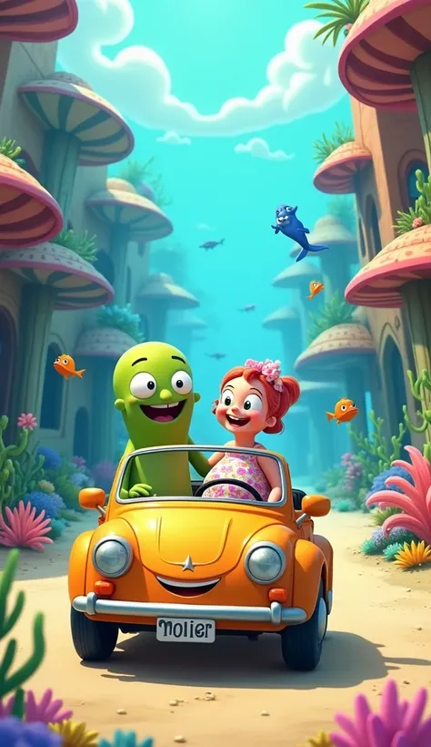 "A cheerful, cartoonish Sheldon J. Plankton character is driving a small car through a vibrant underwater city full of life. The car has a simple design with bright colors, and next to him sits his wife, who appears to be pregnant, wearing a dress adorned ...