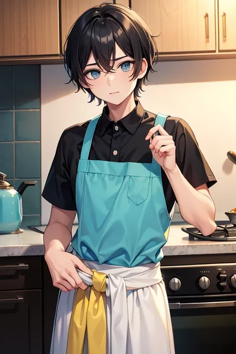  One Beautiful Boy 　Shows up to the waist　Young face　 black short hair　 　Turquoise eyes　black and yellow cook clothes 