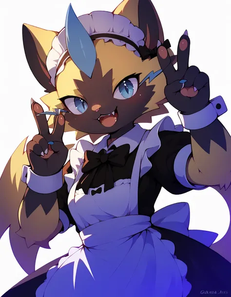 female, zeraora, furry, fluffy), cat nose, fluffy body, maid, peace sign