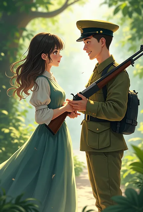 A woman uses a soldier wearing a mosin gun who is smiling anime