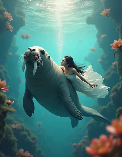 A stunningly realistic 3D rendering of the original Walrus with meticulous care. It seems to glide gracefully across the enchanting blue ocean.,swimming with a beautiful Korean woman with smooth white skin, a perfectly groomed face, long flowing hair, wear...