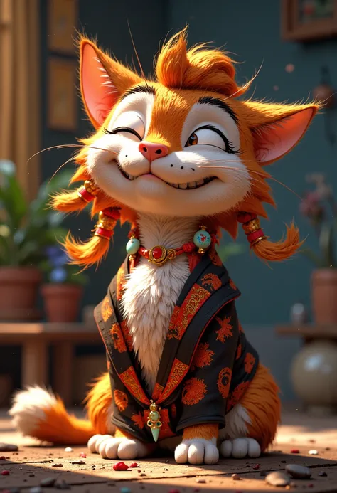 A 3D animated anthropomorphic cat smiling 