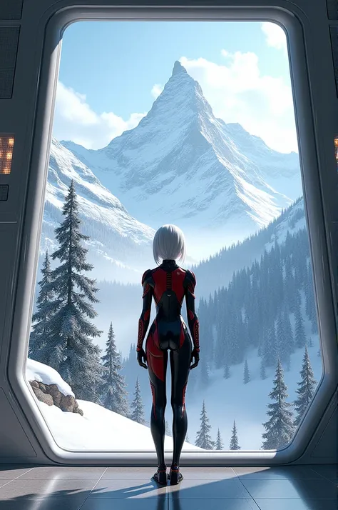 The image depicts a character standing in a futuristic, indoor setting with a large window showing snow-capped mountains and pine trees outside. The character is dressed in a futuristic, black and red outfit with a distinct white hair style.