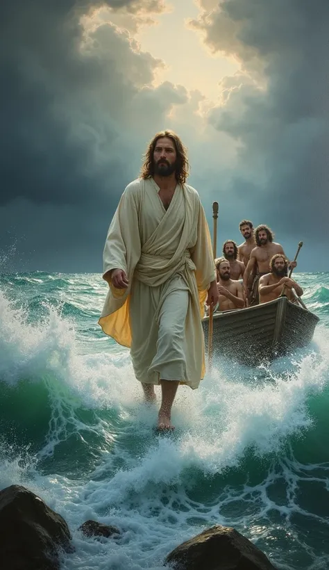 Jesus Christ walked on rough seas pulling a boat with a rope tied to the boat with his disciples inside it 