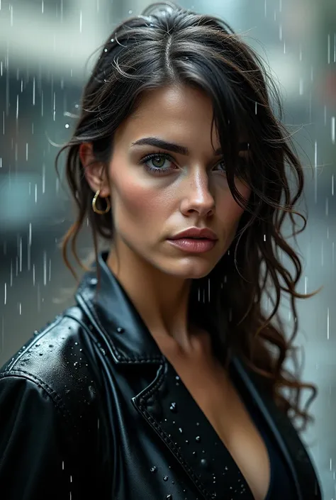 Photo de femme de face très réaliste habillées en en veste décolleté et pantalon de bureau et mouillée dêtre sous la pluie, maquillée vulgairement 