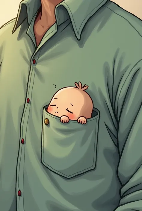 A finger sized tiny person is in the big persons shirt pocket and sleeping. Ghibli