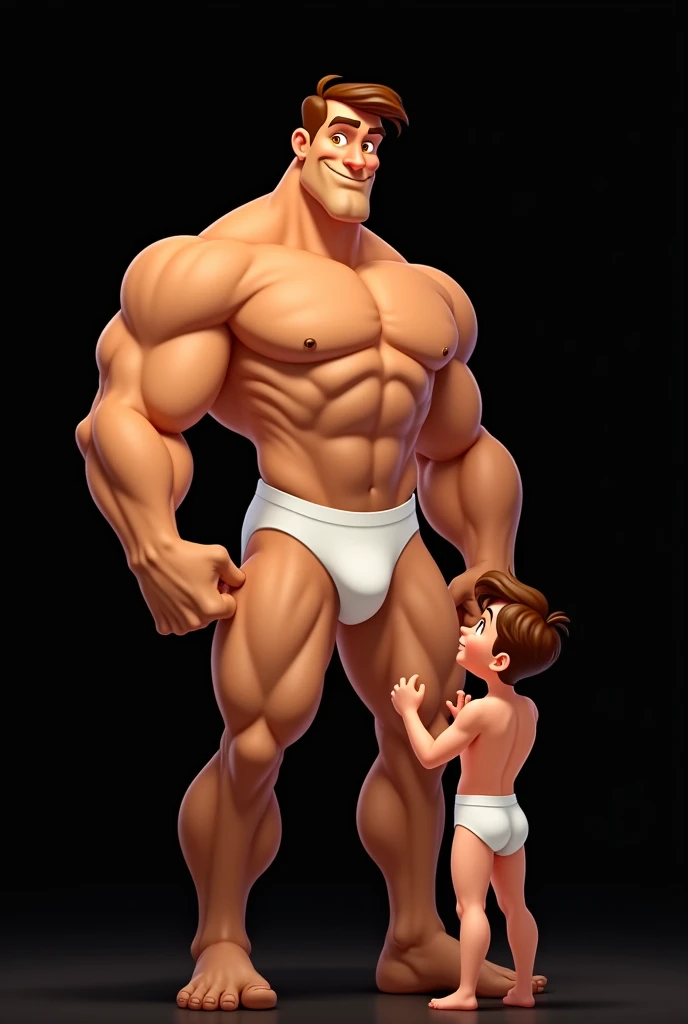 man, light skin, golden eyes, brown hair, with white underpants, strongman, and his little son whos dressed with the same, black background, portrait, disney animation style