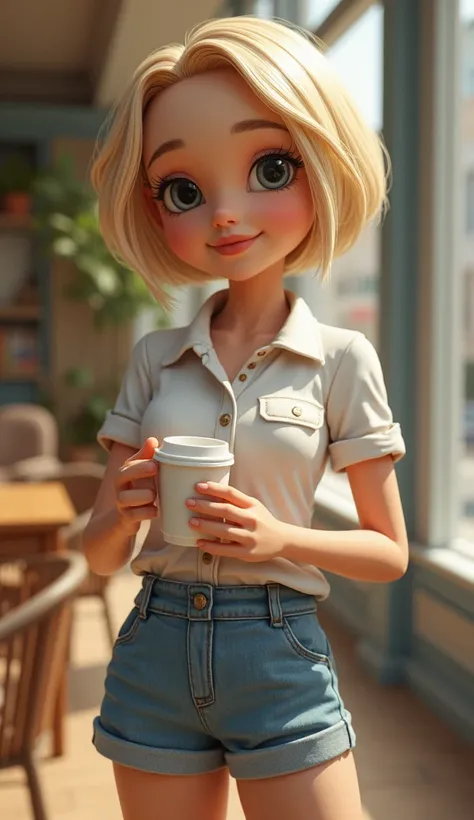  smile from the corner of the mouth   *
ellipsoid face  ,rounded cheeks,small, pointed chin , small, well-fitting ears , upturned nose and thin but plump lips.
 short hair,blond and straight. Dressed as Mine, blouse and shorts , holding coffee cup ,  super...