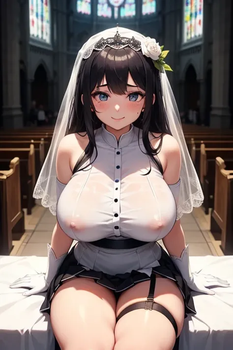 20-year-old girl, black hair, huge breasts, white sexy dress, open crotch, tulle skirt, garter belt, see-through long gloves with a veil on her head, church bride, shyness, happiness, joy, look up, smile, sit down and see open nipples, can see her crotch, ...