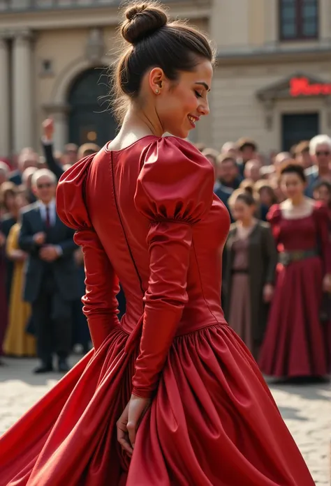 (realistic photograph close up victorian) (sideways), (a big bust slender waist beautiful smiling kneeling hot lady with (messy hair bun)), (she is wearing (an exaggerated elaborate shiny red silk tight closed round neck dress with (long extremely big puff...