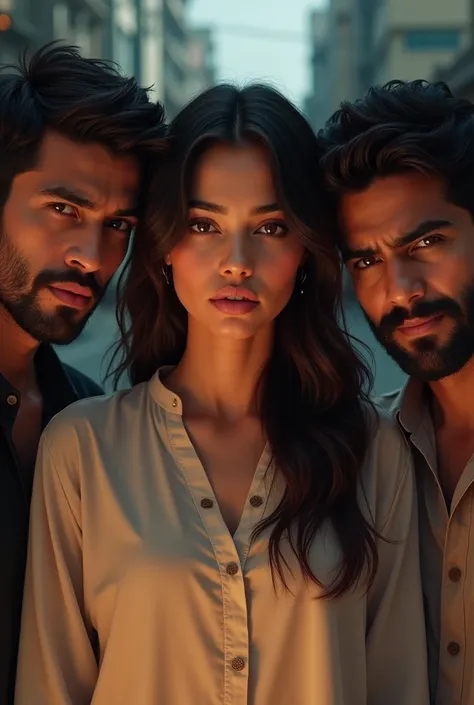 
8k image, high quality, extremely detailed. Modern fair Indian girl with expressive chestnut brown eyes and wavy hair in the center, wearing a loose kurti. Two modern Indian men beside her, both with distinct Indian facial features and angry expressions. ...