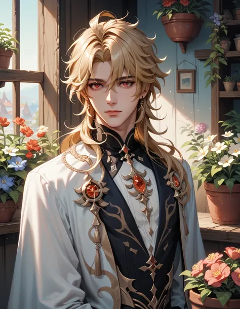 extremely delicate and beautiful, Amazing, finely detail, masterpiece, ultra-detailed, highres,best illustration, best shadow,intricate,sharp focus,  high quality, 1male, solo, blond hair. red eyes, kaveh genshin impact, flowershop front, flowers in pots, ...