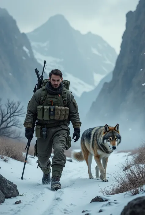 Picture of a soldier walking alongside a wolfs tail