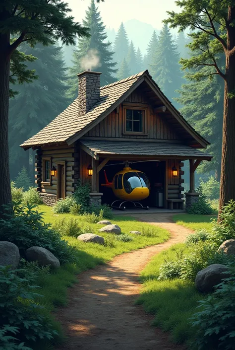 A simple house in the woods with a helicopter in the garage

