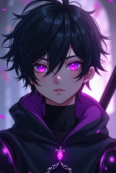 Boy,  right purple eye , left black eye with a purple bright smoky glow,  long collected black hair,  black-purple fantasy costume armor , A Different World,  full height