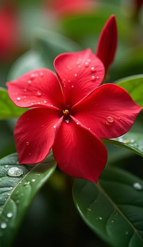 "A vibrant, close-up image of a red Samanthipoo (Indian jasmine flower) in full bloom. The flowers rich red petals should be delicate, soft, and velvety with a slightly glossy appearance. It should be surrounded by deep green leaves, with droplets of water...