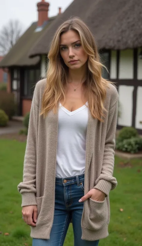 A 37-year-old woman posing near a country cottage, wearing a modest cardigan.