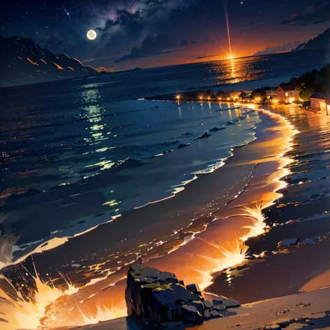 Landscape, starry night, moonlight, (deep night:1.5), quiet night, moonlit ocean, ((UHD, masterpiece, super detail, best quality, high-res, 8k)), no sun, no orange light.