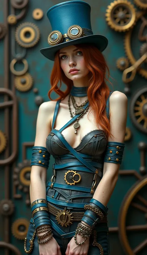 Portrait d une belle femme mince et plate aux cheveux chatains, des lanières en cuir bleu-pétrole ornées d engrenages steampunk sont enroulées autour de son corps. . Elle est ornée daccessoires steampunk et un chapeau haut-de-forme de couleur bleu-pétrole ...