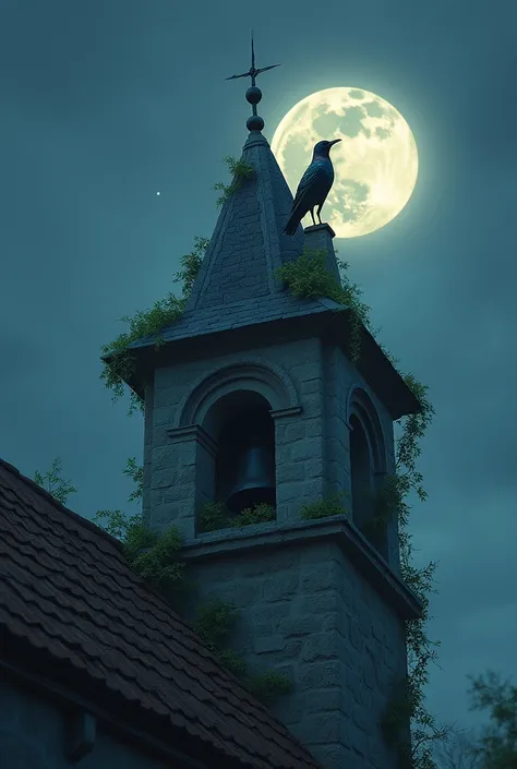 A picture of a starling bird perched atop a bell tower with vines nestled full roof and the moon shining behind it.