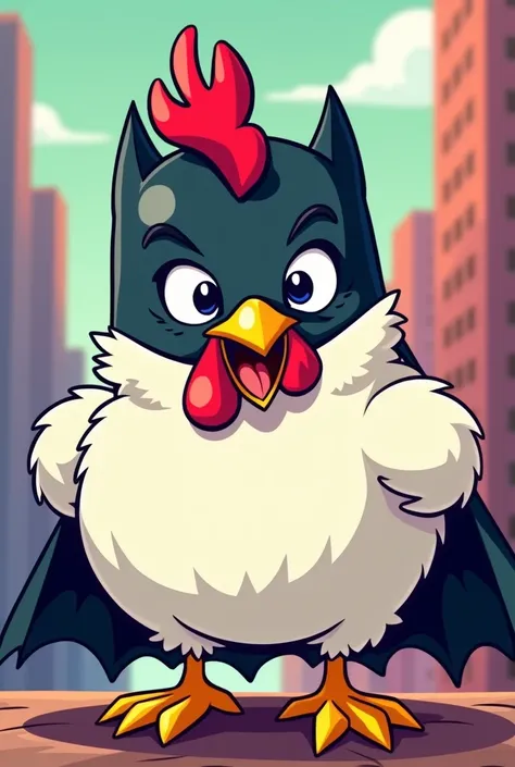 A white chicken wearing a batman mask
Cartoon like