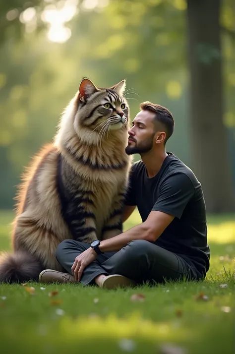  3d An adult man dressed in black casual and sitting with a long and beautiful very tall big hairy cat and sitting together facing the front in the park