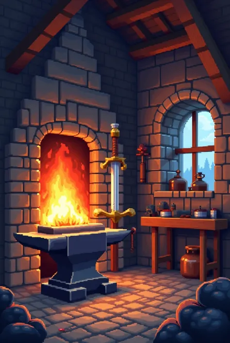 A medieval forge with an anvil ,  a fire in a chimney and a sword in pixelart style