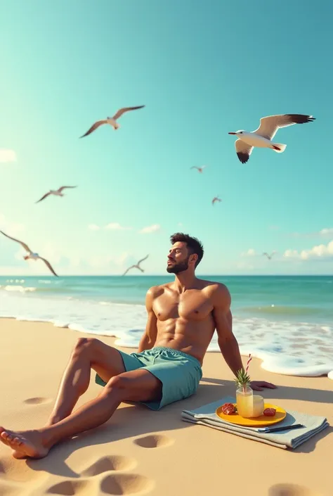 Create a vacation image of a sporty man on the beach resting after a year of hard work see you in January 
