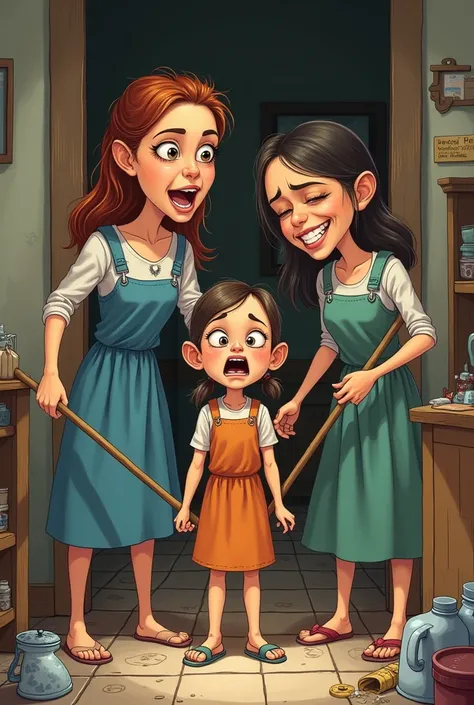 The stepmother and stepsisters of a girl mock her because she cleaned the house realistic cartoon