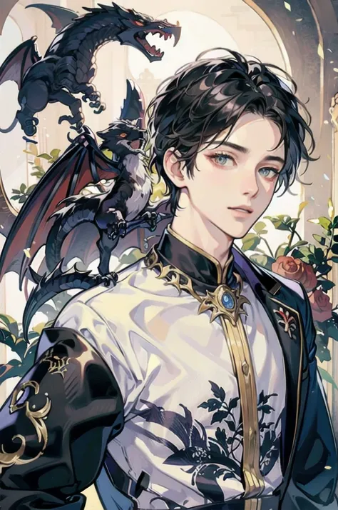 (( top quality)), ((masterpiece)), ( Details)  black hair、Golden Eyes、 tall muscular 、Listless、Beautiful Youth、prince、Black clothes、 Victorian、Black Dragon、noble、Golden Eyes、Age 25、Im in the castle alone、Only one person、alone、Lonely