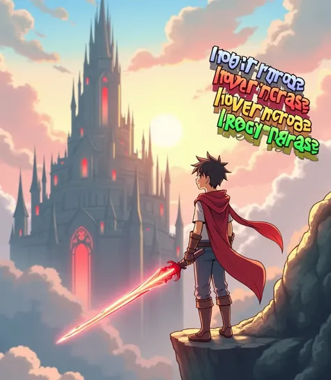 “Create a stunning fantasy style anime illustration depicting a young hero standing triumphantly on a rocky cliff. The hero, dressed in an adventurers outfit with a flowing red cloak, holds a glowing crimson sword that radiates magical energy. The protagon...