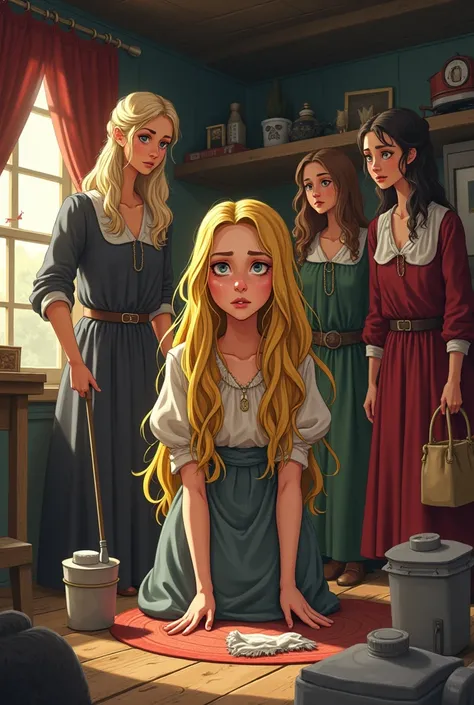 The stepmother and stepsisters of a yellow-haired woman make fun of her because she cleaned the house realistic cartoon