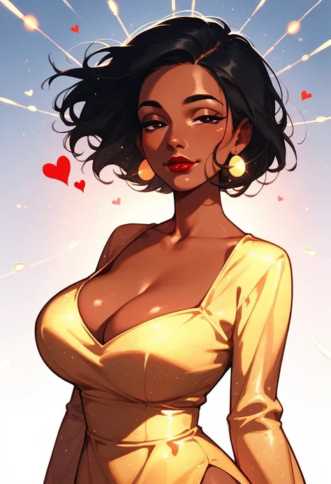 Cute milf,Dark skin,black hair,black eyes,red lipstick,short hair,glases, floating hearts,half closed eyes, bigbreasts ,neckline,yellow dress,panties,dramatic lights,sun background