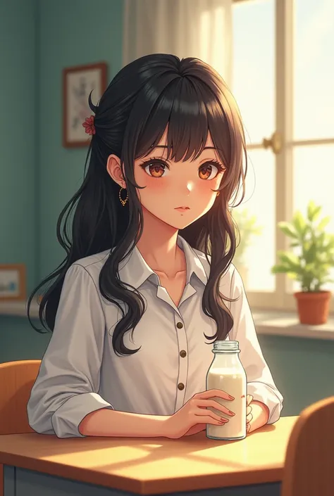  High Resolution, a woman, curtain/ Waterfall Hairstyle , Slightly bitter expression , Sit in place , holding a bottle of milk on the table,  German Tilt Lens, Afternoon classroom ,  The sun shines on the table from the window on the right ,  defocused bac...