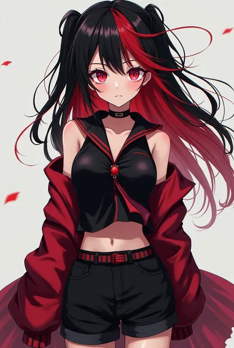 Anime girl with red and black hair and red eyes with thin lip and with her hair down and wear black short pan and wear black and red top with collar and no smile and not wear long sleeves and no gloves and no big bood 