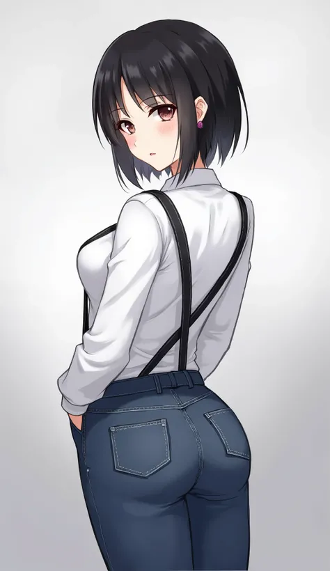 1girl, ass, earrings, looking back, gradient, gradient background, pants, jewelry, pantylines, solo, suspenders, black hair, from behind, short hair, denim, breasts, grey background, medium breasts, looking at viewer, long sleeves, shirt, see-through, lips