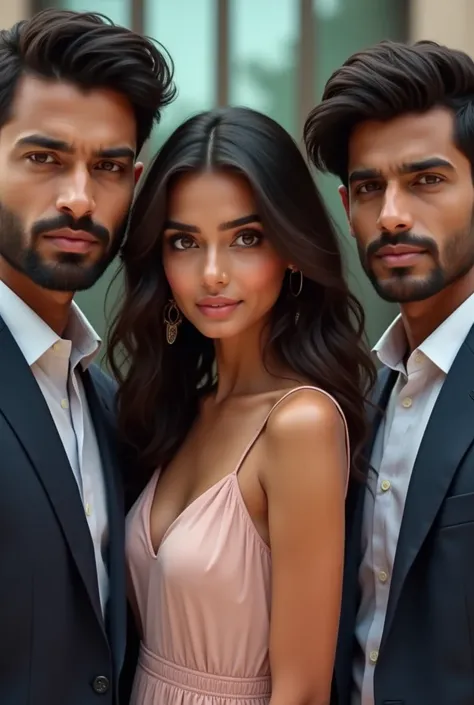 
8k image, high quality, extremely detailed. Modern fair Indian girl with expressive chestnut brown eyes and wavy hair in the center, cute makeup. Pretty face.  wearing a sundress.  Two modern Indian fair men beside her, with crossed arms . Men looking at ...