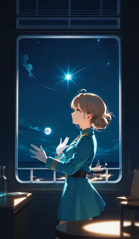 atmospheric art, in a room, looking out a large window, side view, moonlight (blue)glow,Atmosphere, hand on the glass,night, ship in space, dark, room, girl put one palm on the glass,short blond brown hair, pigtail,dark turquoise uniform, white gloves, lig...