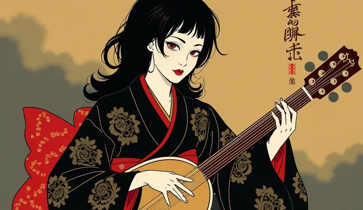 The background is an ukiyo-e print, and a woman in a black kimono with gold patterns is playing a shamisen. The obi of the kimono is red. The womans eyes are red. The atmosphere is reminiscent of a monster.