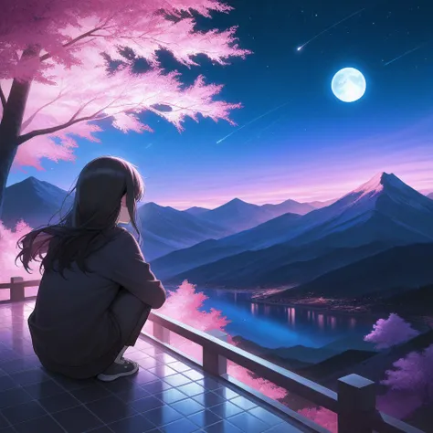  Masterpiece, , the best quality, nighttime, mountain,  full moon,  black long hair,  girl, firefly, Stars, Mysterious cherry tree, Pink Leaves ,  high quality ,  graphic glazed tiles ,  High Detail