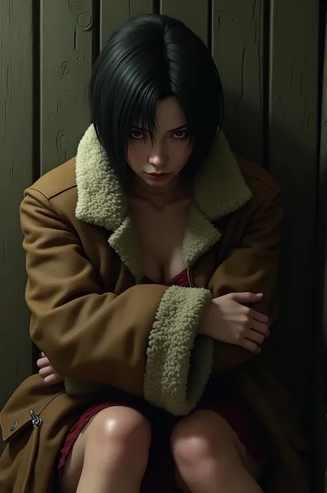  Ada Wong from the game  "Resident Evil 4 Remake"  sits on the floor against a wooden wall .  She is wearing a short red dress ,  with Leon Kennedys large sheepskin coat from the game wrapped over her shoulders "Resident Evil 4 Remake". Ada is scared 