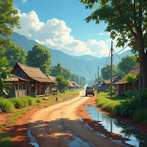 A village, some wooden houses, (((sunny and brightly))), papaya trees, (mud road with bit water), some people walking, a car passed on road, ((high quality)), photorealistic, landscape style