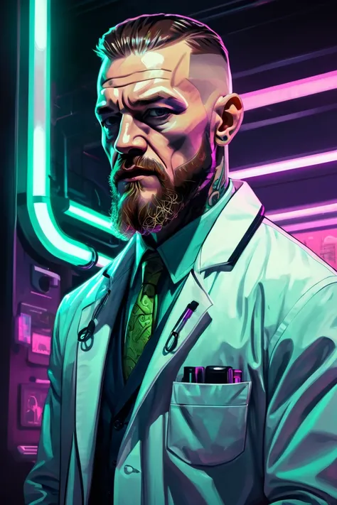 Sci-Fi Horror Portrait of a male xenobiologist, resembling Conor McGregor, biologist, lab coat, former doctor, Alien Franchise Character Design, 3/4 face angle, muted colors, neon lights, dark, mysterious, foreboding, illustration, painting, simplistic art...