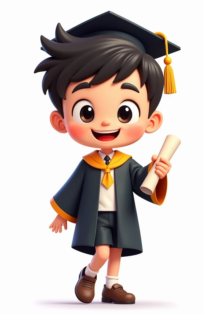 ((best quality)), ((masterpiece)), (detailed), Perfect FaceBoy graduating , Wearing Beca Amarelo , short hair,   he has black eyes and hair,  happy expression , holding a diploma in his hand ,  he is on his toes ,  white background,  full body cartoon styl...