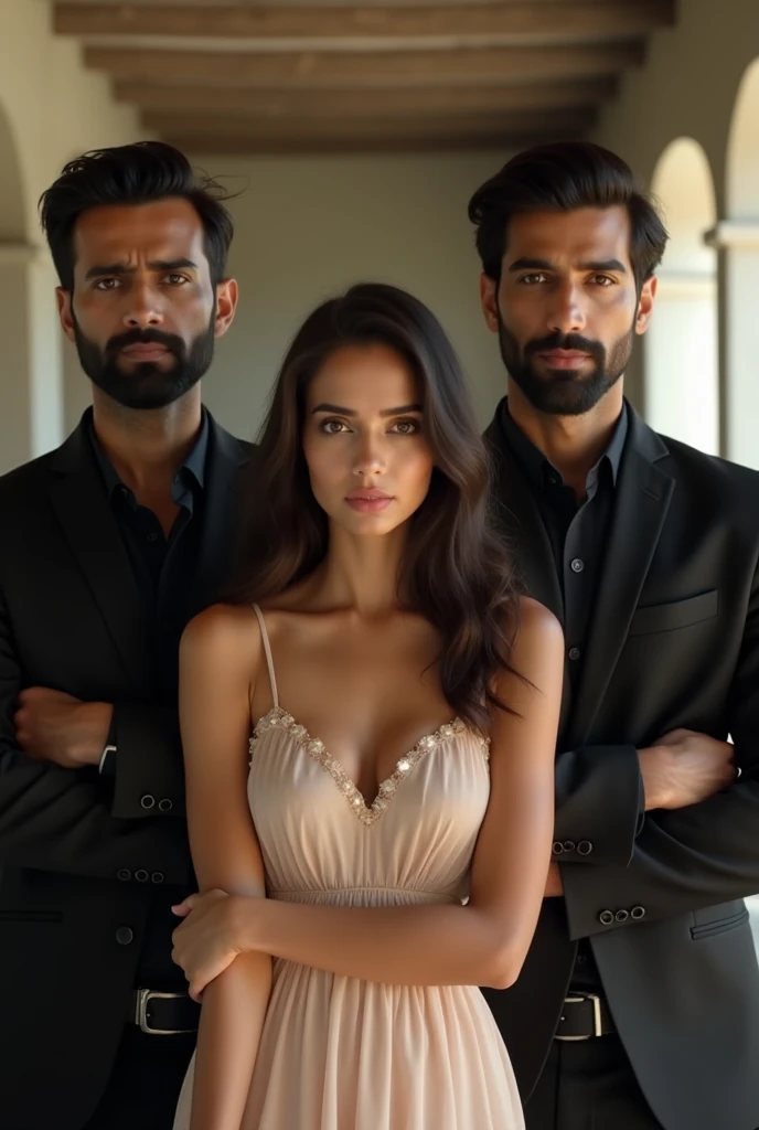 
8k image, high quality, extremely detailed. Modern fair Indian girl with chestnut brown eyes and wavy hair in the center, cute makeup girl has Pretty face.  wearing a sundress.  Two modern Indian fair men beside her, with crossed arms . Both Men looking a...