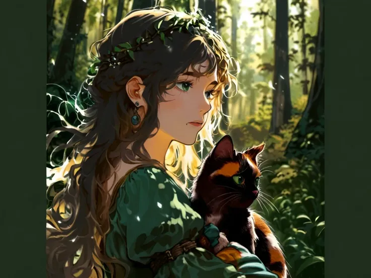 beautigul brown medium lengh hair girl, with calico cat, forest, lord of the rings